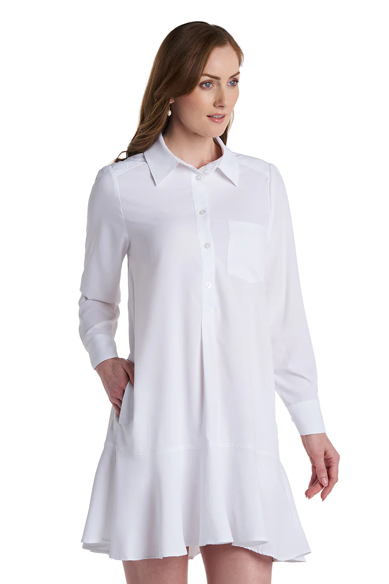 Women's Castaneda Flared Shirt Dress with Long Sleeves | White - Image 4