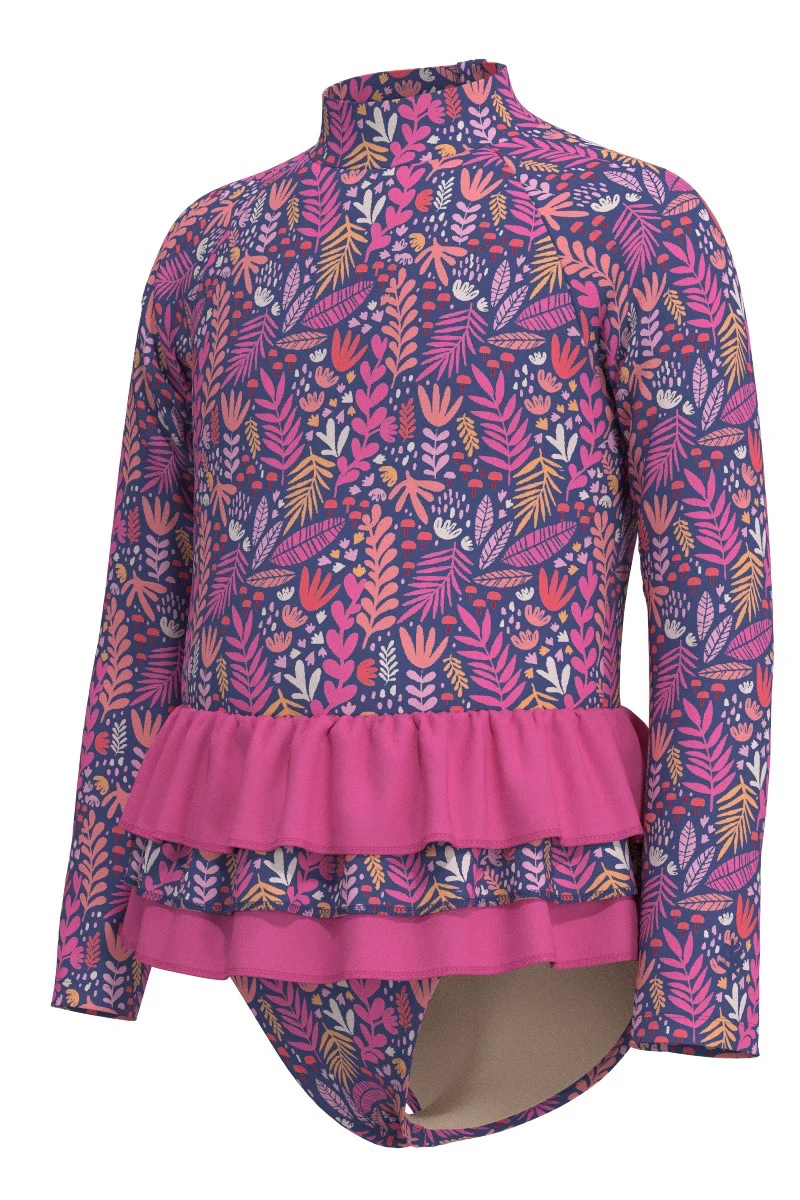 Girl's Kailani Long Sleeve Ruffled Swimsuit | Tulip Pink Colorblock - Image 2