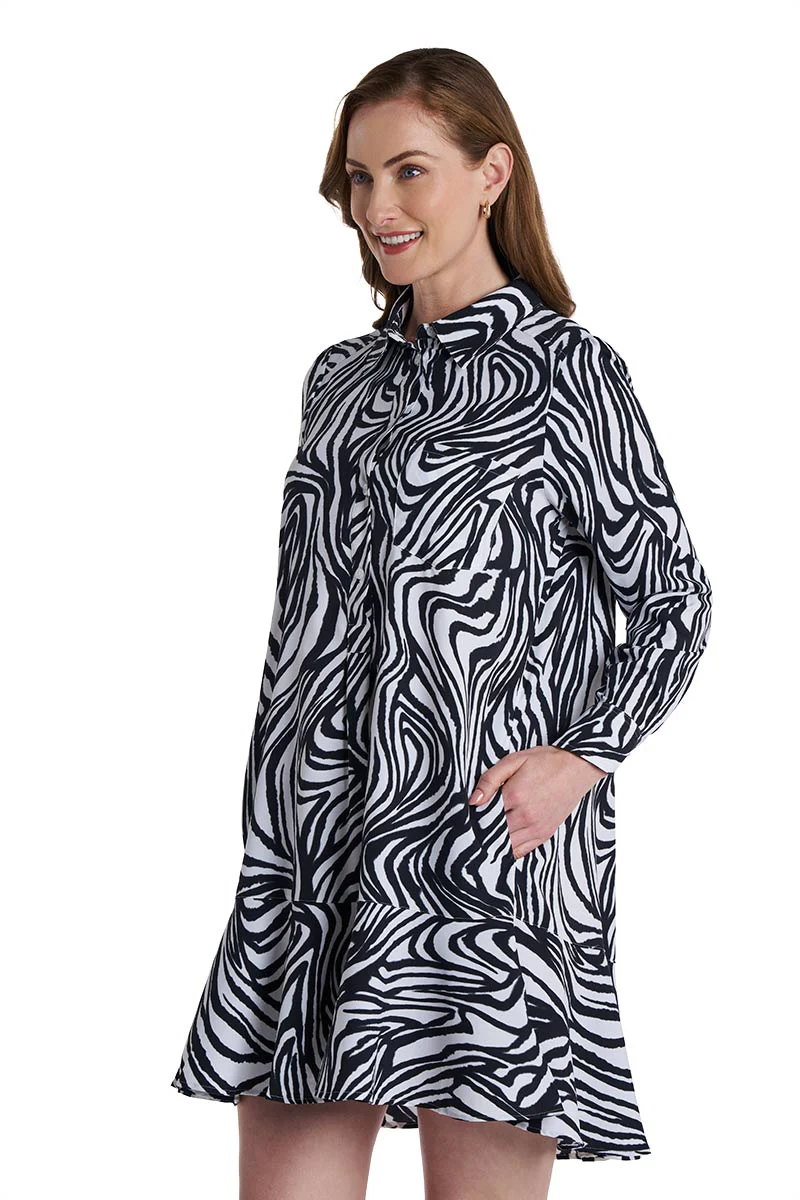 Women's Castaneda Flared Shirt Dress with Long Sleeves | Black/White - Image 3
