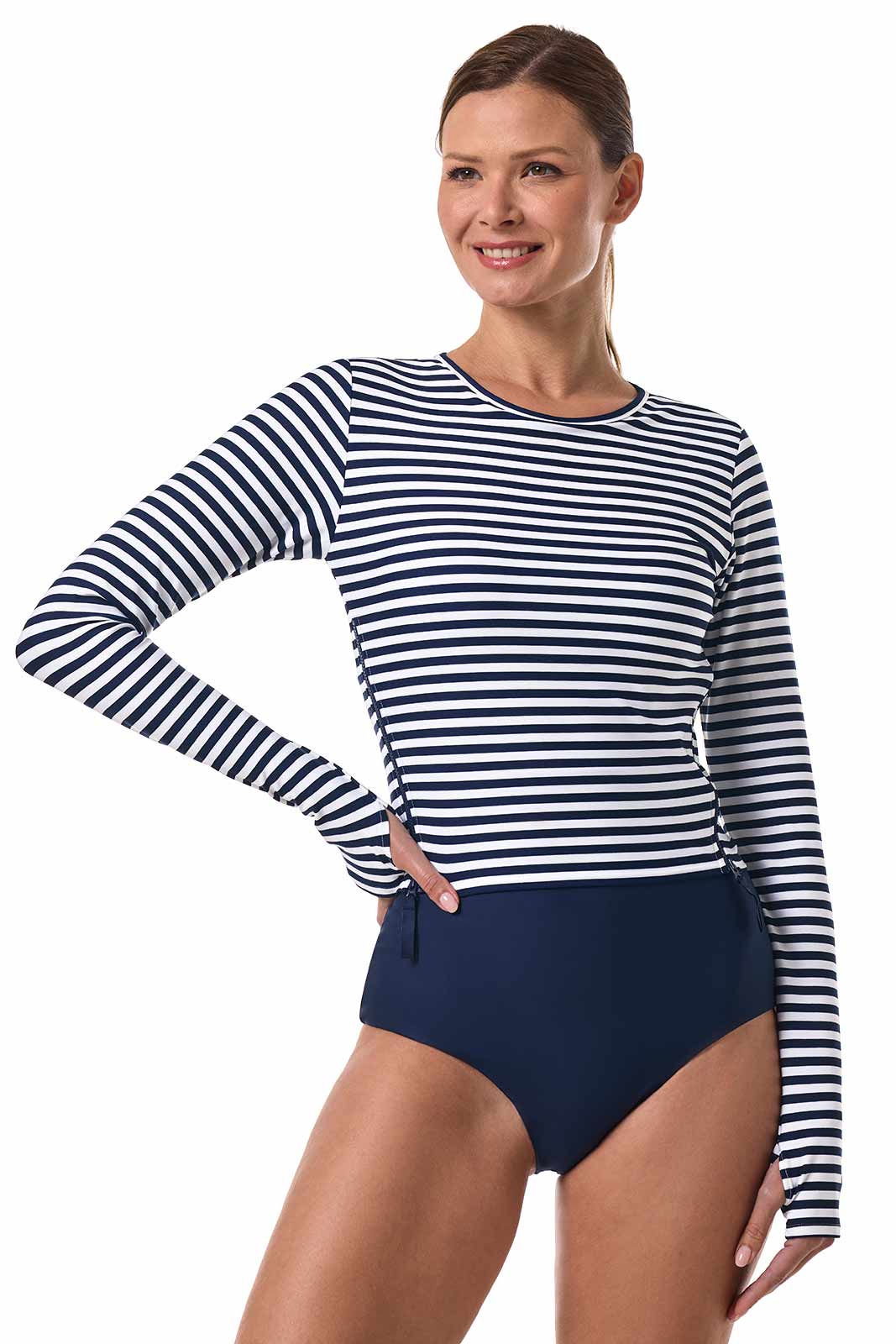 Women's Bayfront Rash Guard | White/Navy Stripe - Image 2