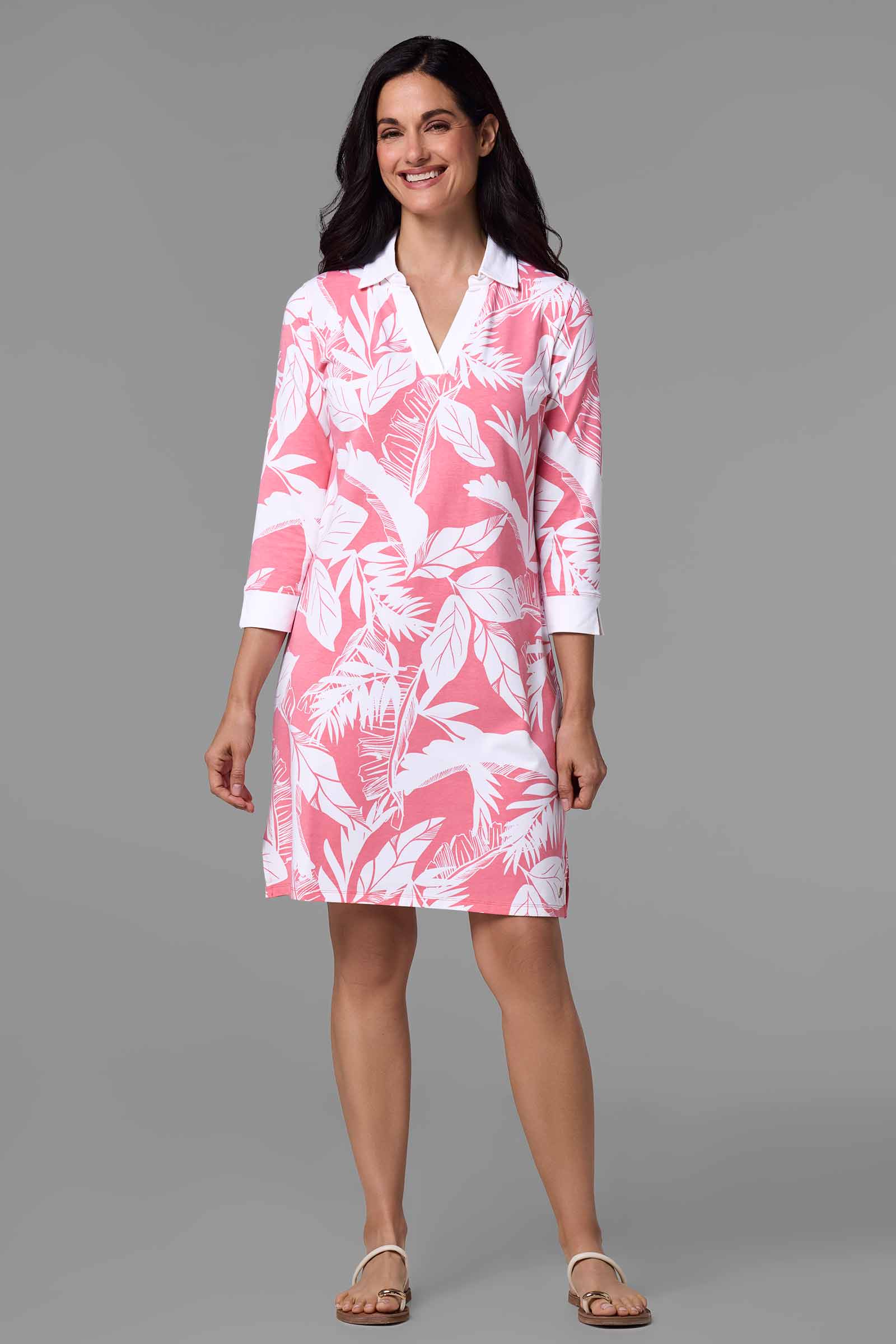Women's Fontainebleau Tunic Dress with Collar | Flamingo Pink Palm Paradise - Image 2