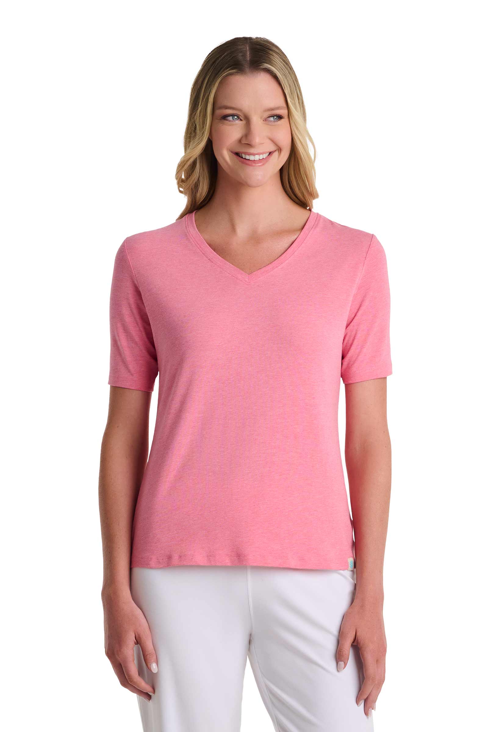 Women's Morada Everyday Short Sleeve V-Neck T-Shirt | Flamingo Pink Heather - Image 3