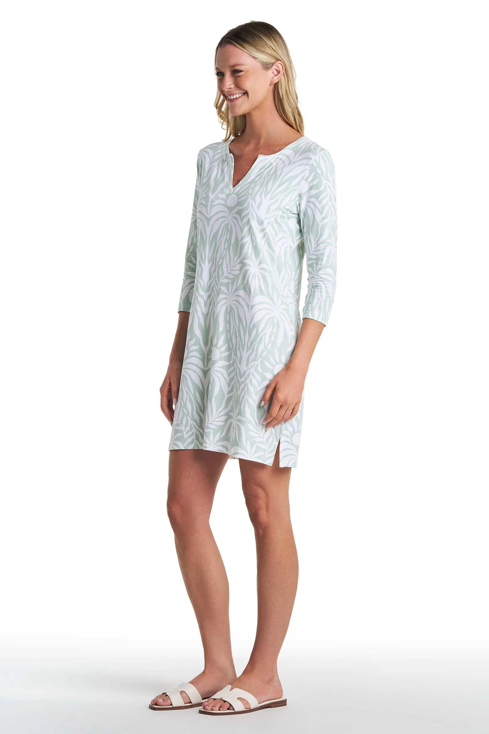 Women's Oceanside Tunic Dress with 3/4 Sleeve | Misty Aqua American Palm - Image 4