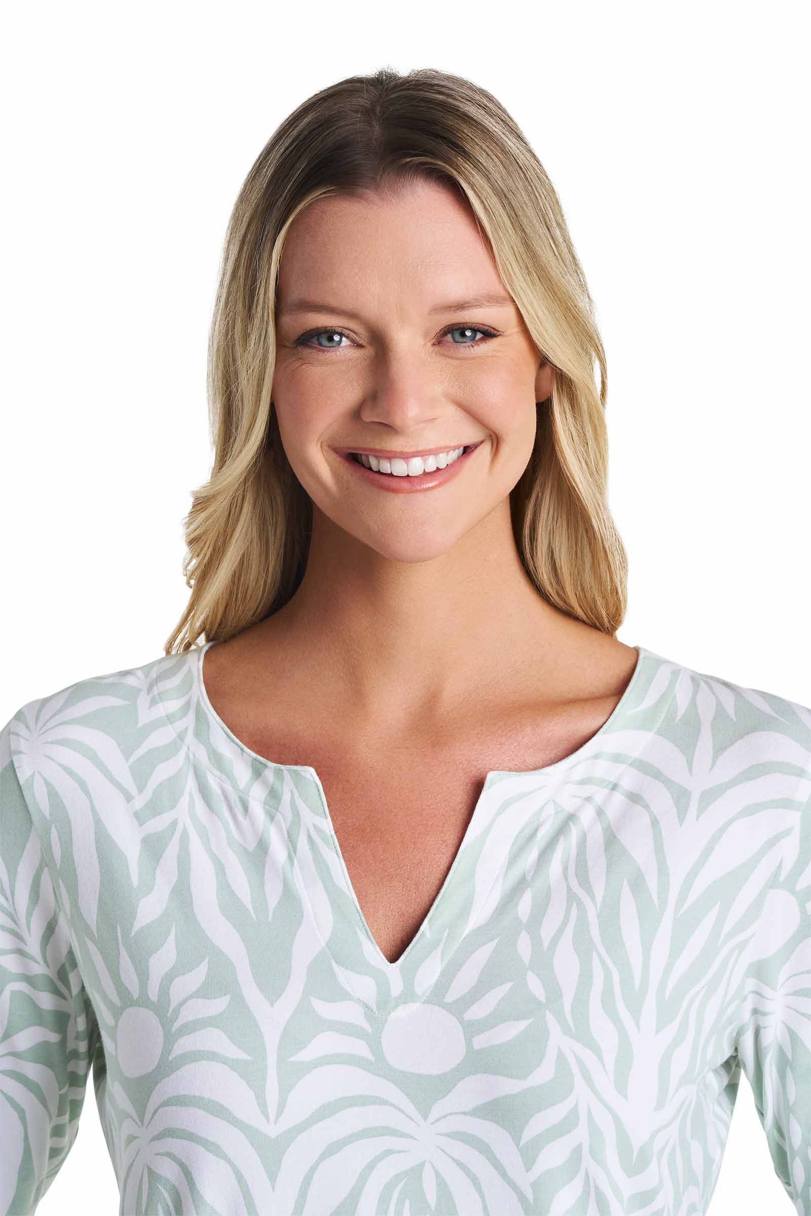 Women's Oceanside Tunic Dress with 3/4 Sleeve | Misty Aqua American Palm - Image 6