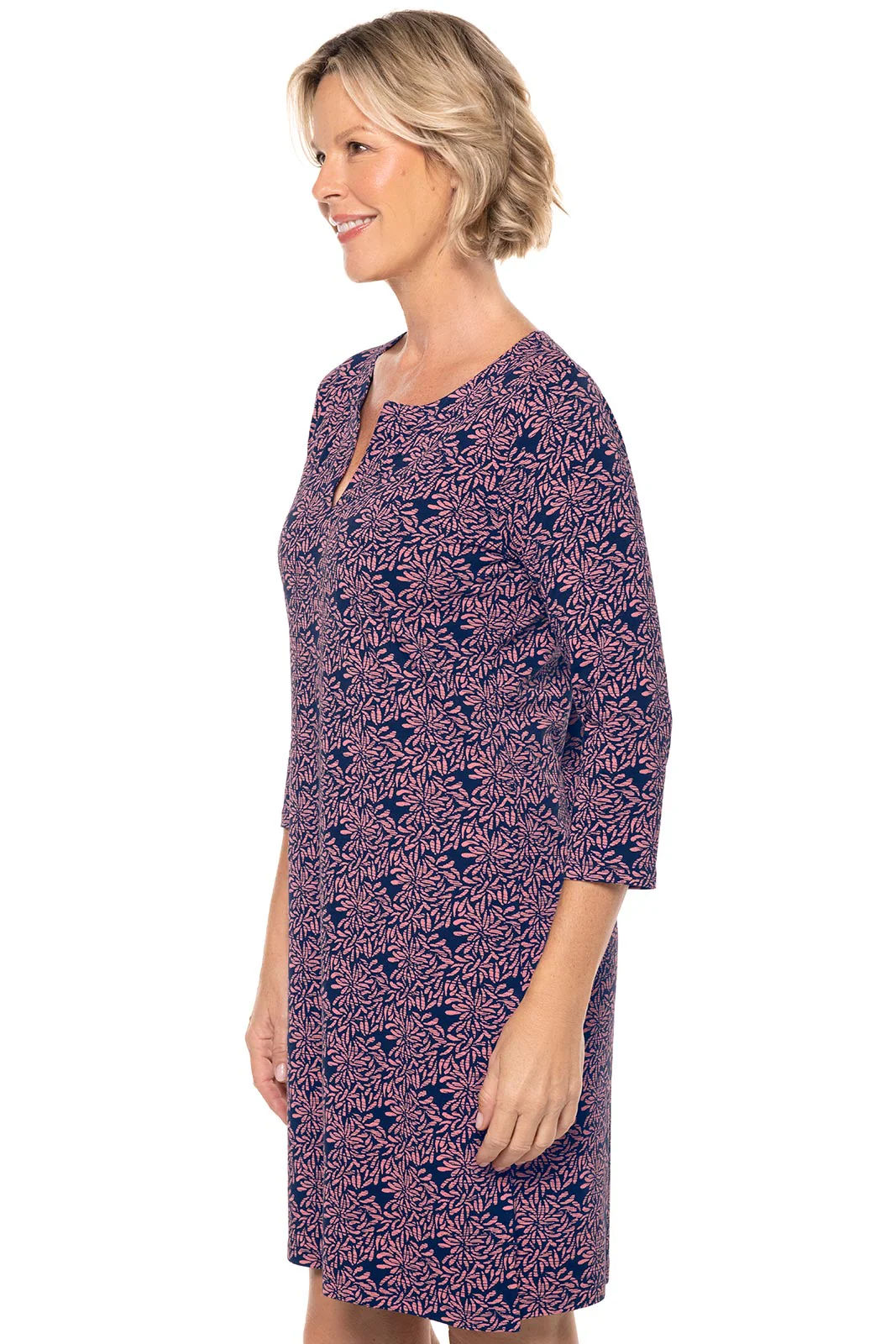 Women's Oceanside Tunic Dress with 3/4 Sleeve | Peachy Pink Etched Flowers - Image 3