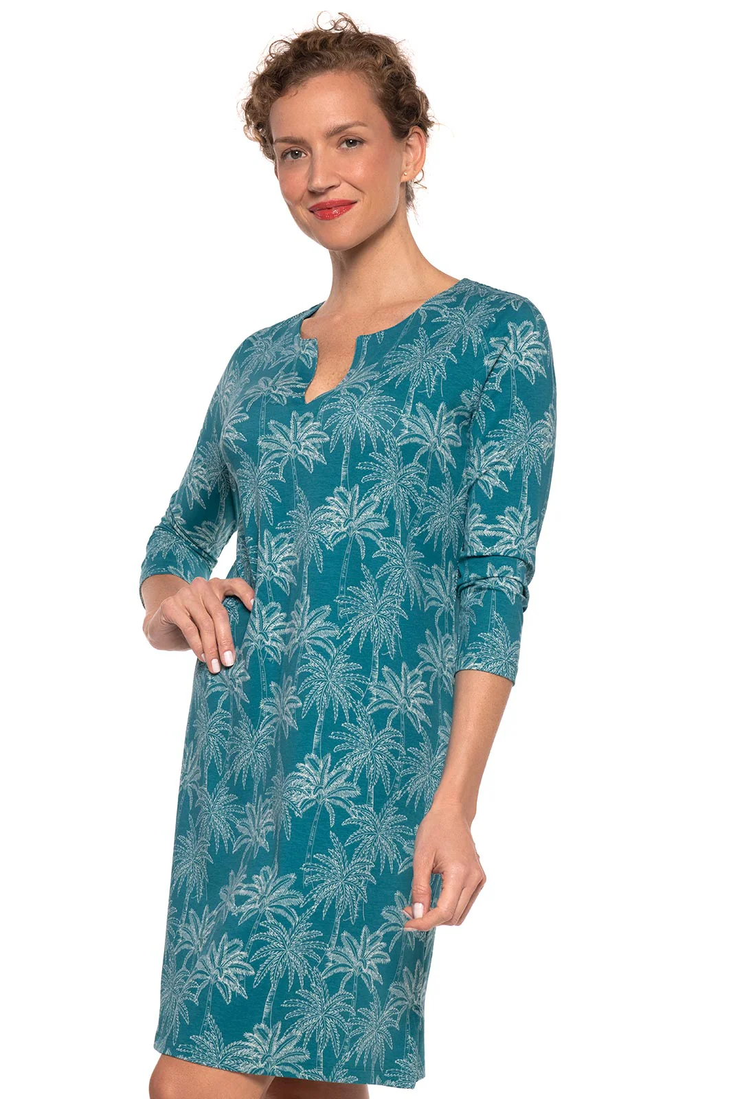 Women's Oceanside Tunic Dress with 3/4 Sleeve | Tahitian Teal Swaying Palms - Image 3
